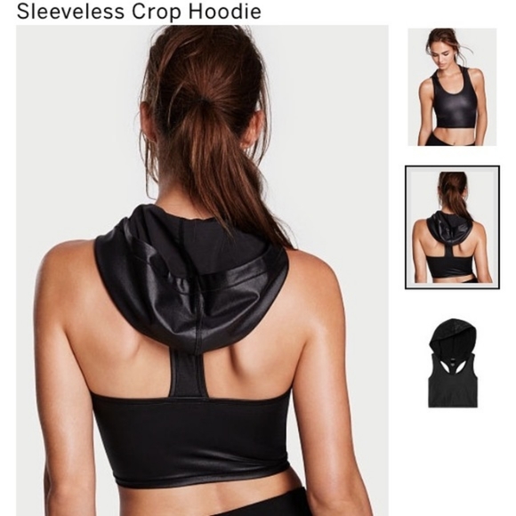⭐️SALE⭐️VICTORIA SPORT SMALL CROP SLEEVELESS BLACK HOODIE - Picture 1 of 9
